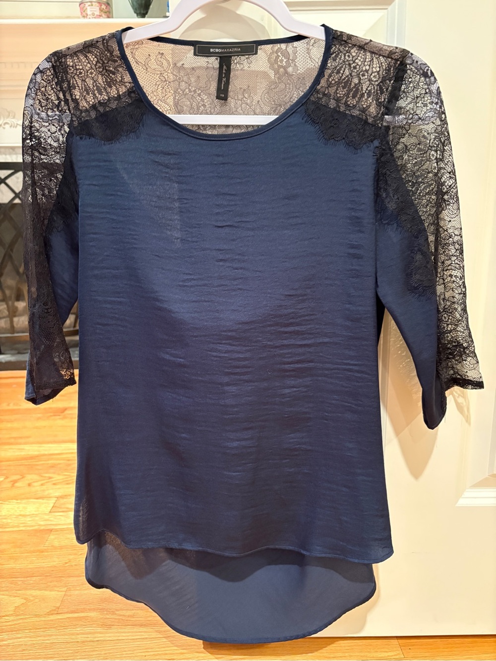 BCBGMaxAzria Navy Top with Black Lace Yoke & Sleeves